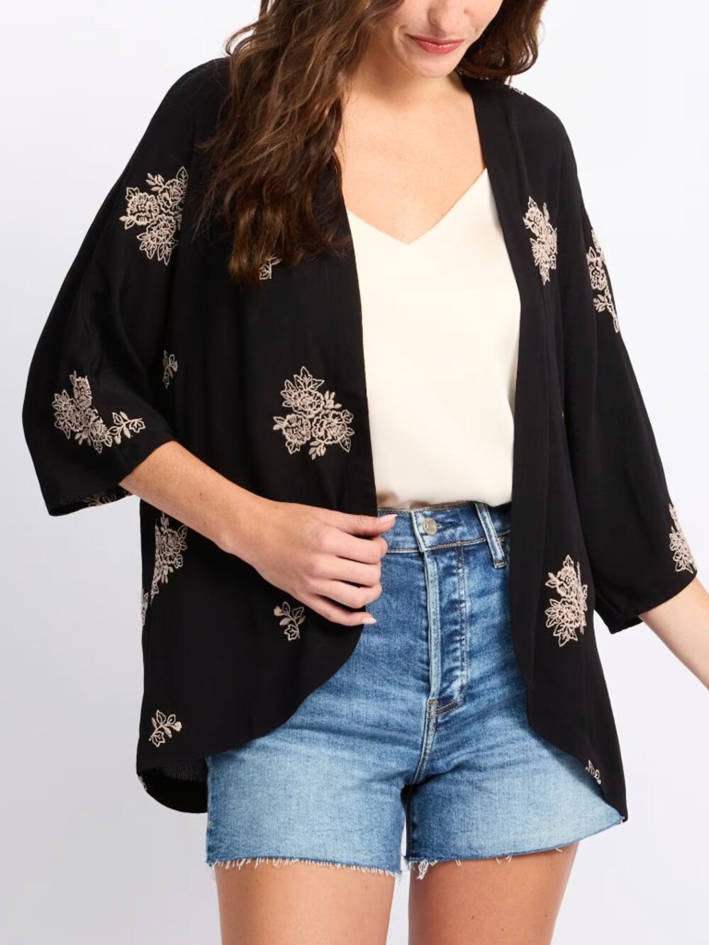 Daniel Rainn Luna Open Front Jacket Black Pink Embroidered Floral Size L